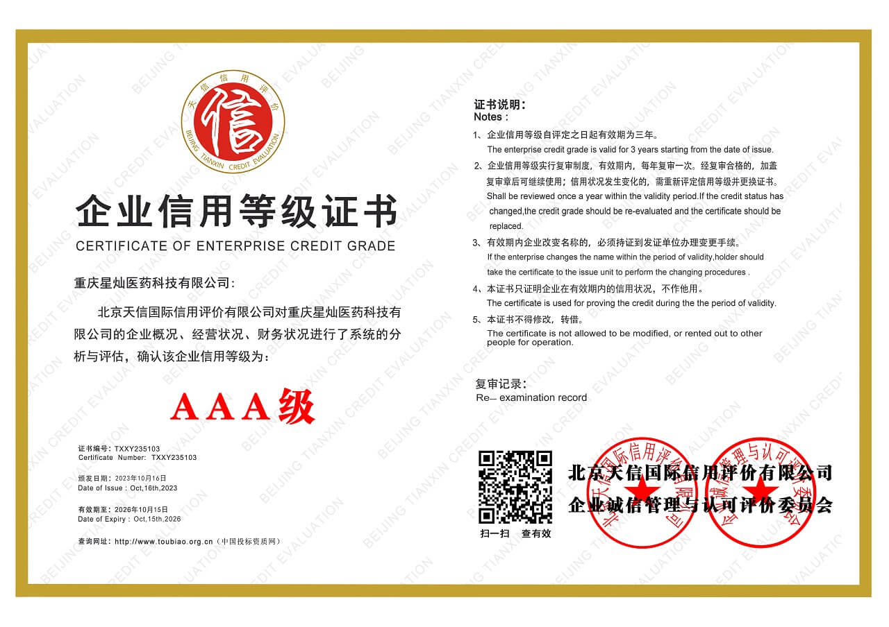 AAA Credit Rating Certificate - Xingcan Pharma Enterprise Credit Assessment