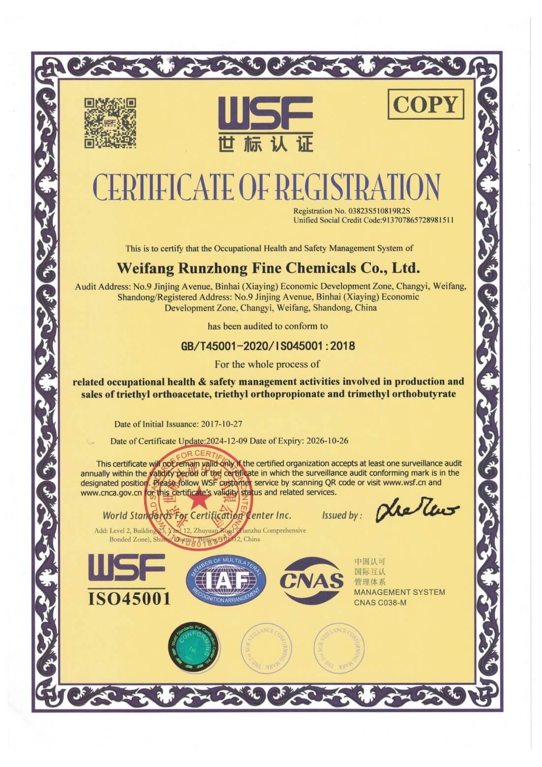 ISO 45001 Occupational Health and Safety Certification - Xingcan Pharma Weifang Plant 1